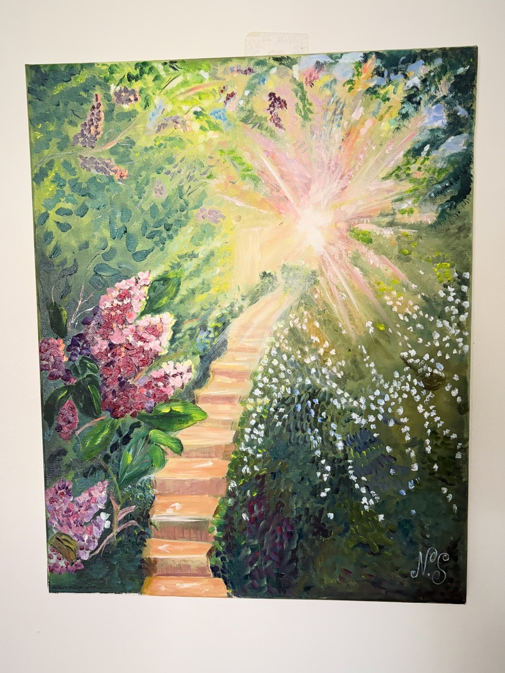 Sunlit Garden Staircase Canvas Art - Pink & Green Floral by N.S.